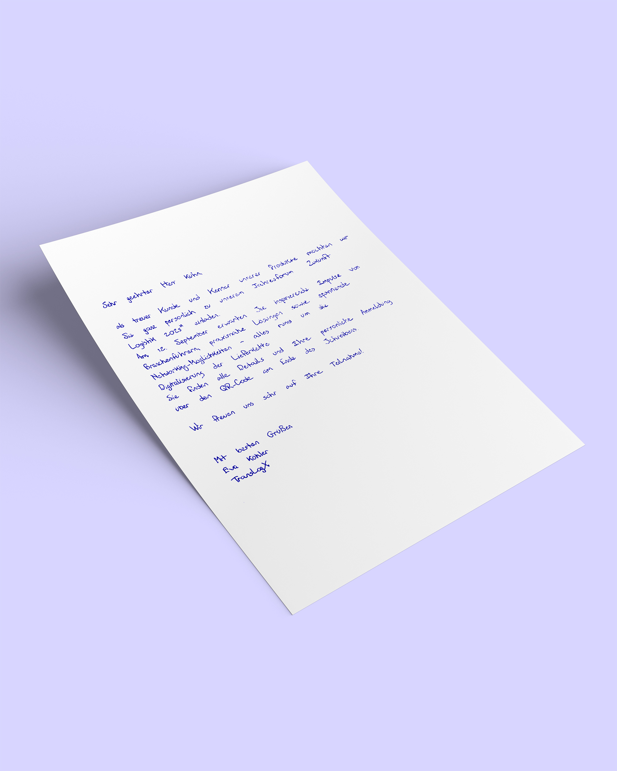 Handgeschriebener A4 Brief mit echter Tinte für personalisierte Kundenkommunikation. Ideal für Unternehmen, Bewertungen, Reaktivierung und individuelle Mailing Kampagnen